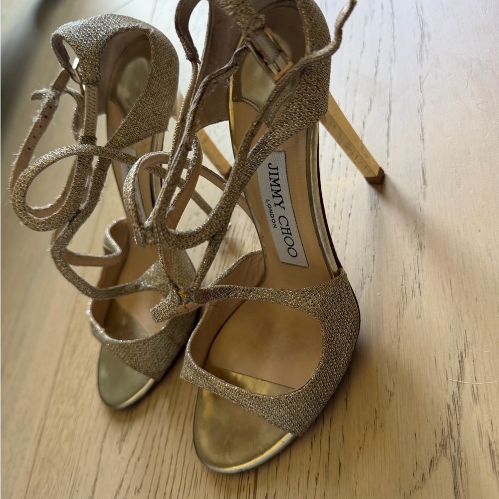 Jimmy Choo Gold Glitter Lace-Up Stiletto Sandals